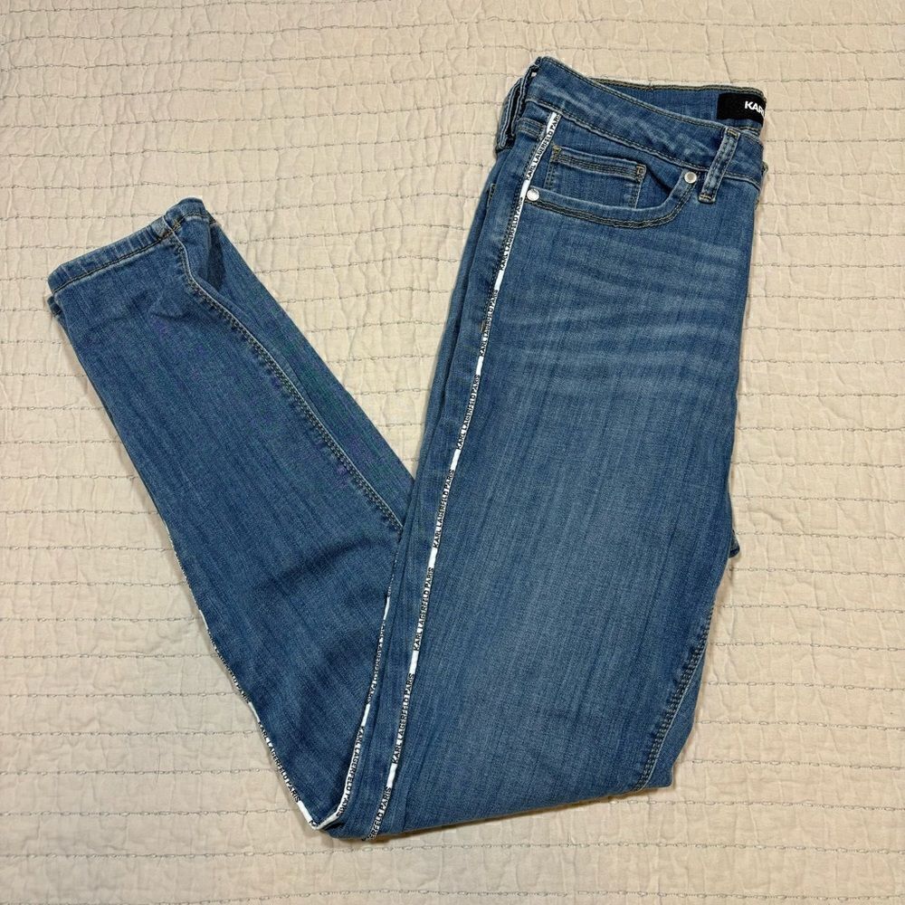 Karl Lagerfeld Paris Jeans Women's Size 8 Blue Denim Contrast White Tape Detail